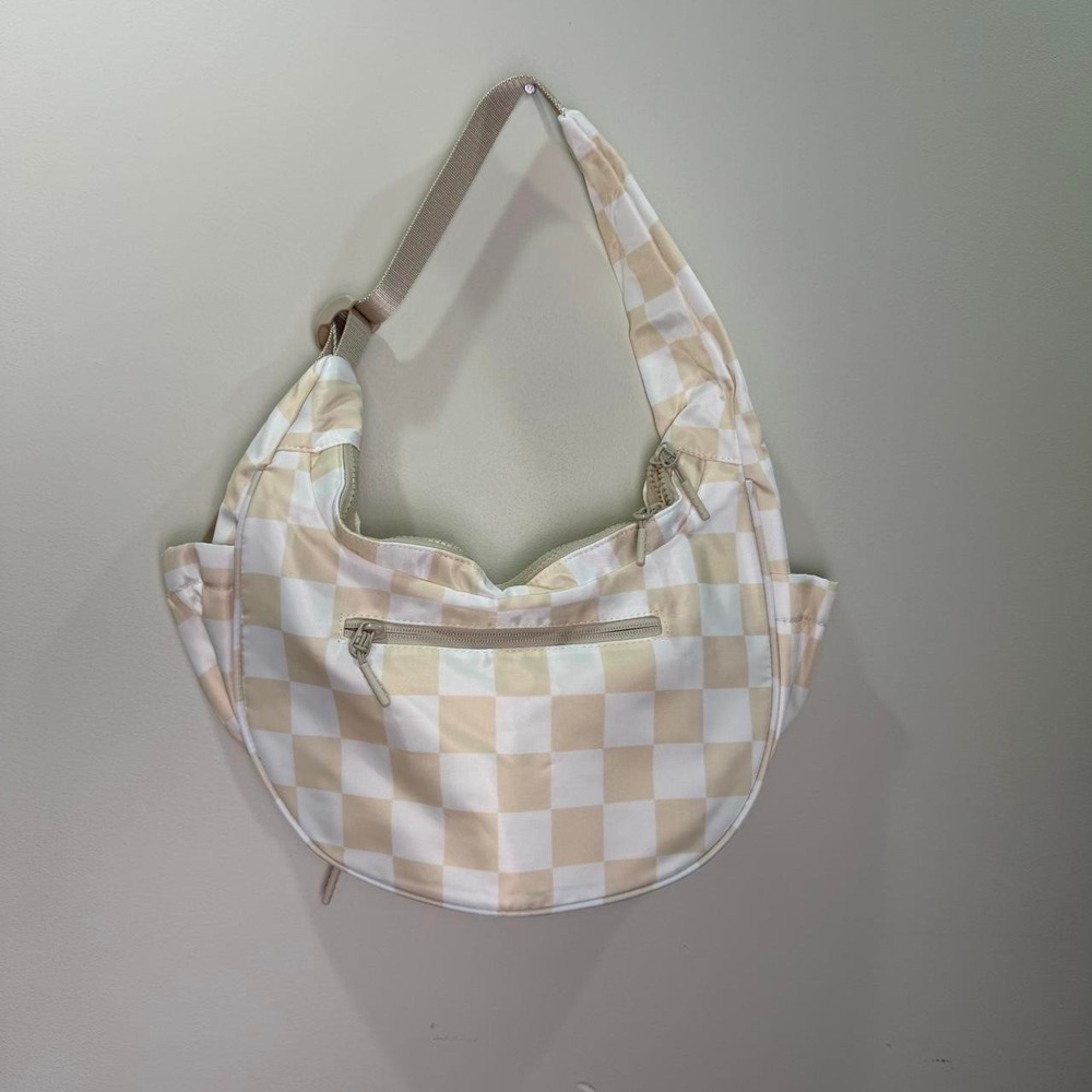 Cream & Beige Checkered Medium Nylon Crescent Bag